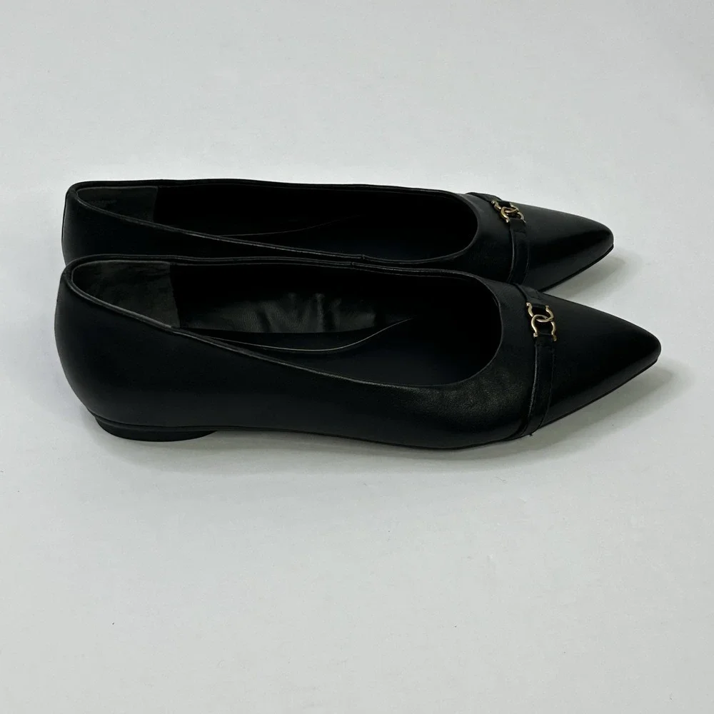 Giani Bernini Bentlley Pointed Toe Flats + Gold Tone Accent Womens Black 6M READ